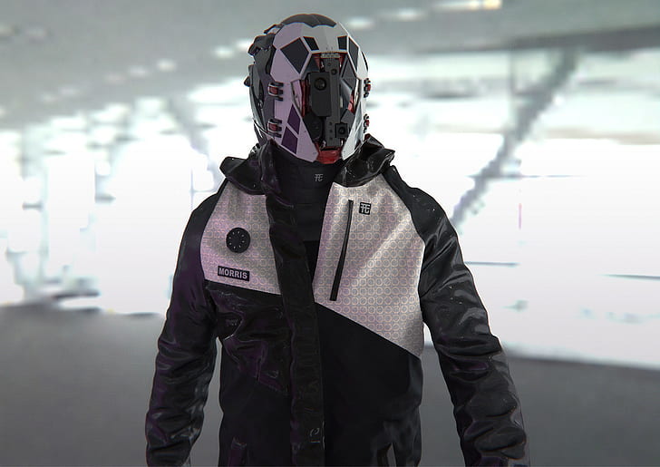 cyberpunk, futuristic, one person, clothing, disguise, standing