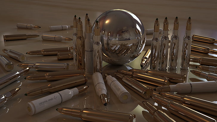 brass-colored bullet shell lot, ammunition, gun, render, large group of objects, HD wallpaper