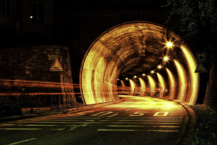 concrete tunnel, road, night, architecture, illuminated, direction, HD wallpaper