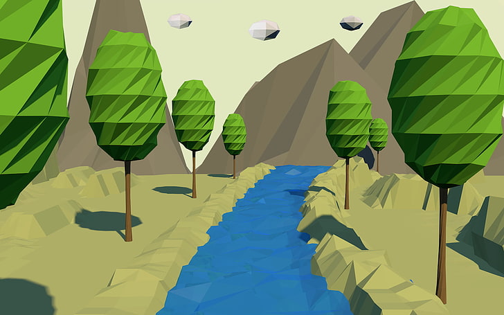 low poly, mountains, green color, multi colored, nature, no people
