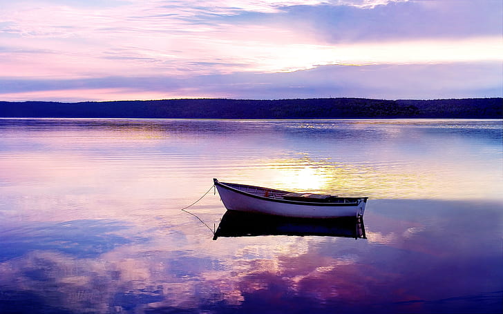 Lake, sunset, boat, evening, HD wallpaper