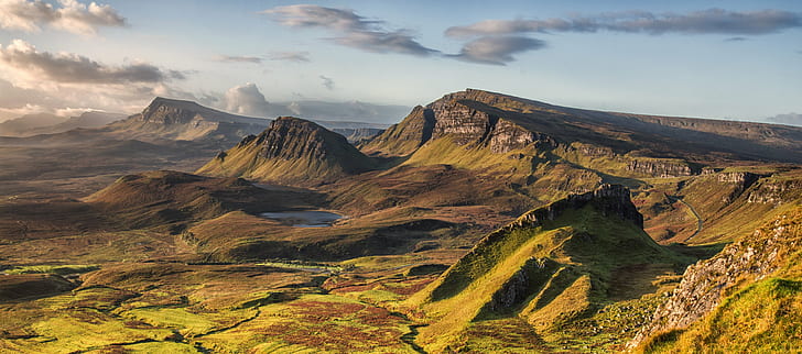 landscape photo of rocky mountains under cloudy sky, quiraing, skye, scotland, quiraing, skye, scotland, HD wallpaper