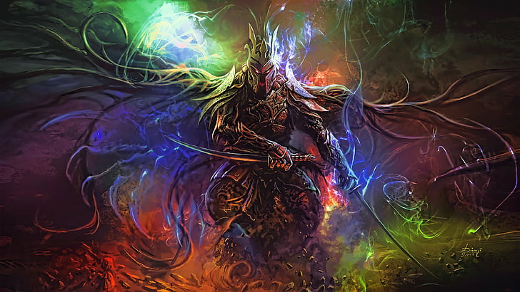 warrior, fantasy art, darkness, swords, illustration, graphics, HD wallpaper