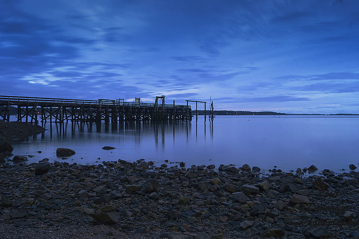 wooden dock under blue sky, Salem Willows, Salem, Massachusetts, HD wallpaper
