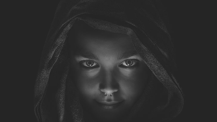 eyes, pierced nose, hoods, monochrome, looking at viewer, portrait