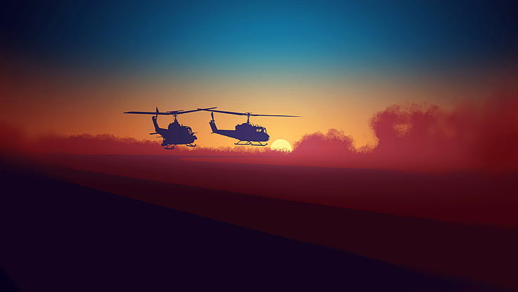 sunset, helicopters, clouds, minimalism, military, UH-1