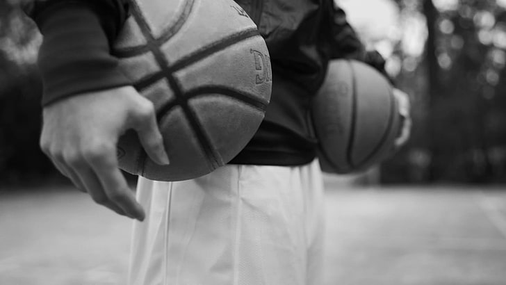 man holding two basketballs, sport , sports, basketball court
