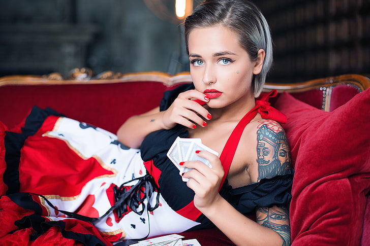 women, portrait, dress, red nails, blue eyes, tattoo, red lipstick, HD wallpaper