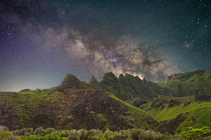 green mountains under sky full of stars, D600, Long Exposure, HD wallpaper