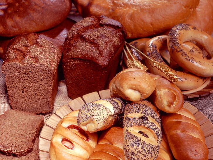 several baked breads, pastries, poppy seeds, jam, food, freshness, HD wallpaper