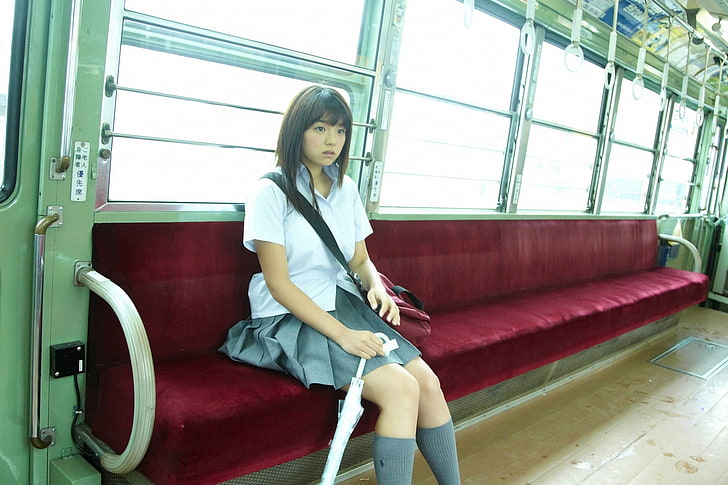 Asian, schoolgirl uniform, vehicle, umbrella, women, model, HD wallpaper