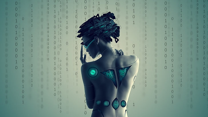 naked woman, cyberpunk, cyborg, artwork, digital art, women, binary, HD wallpaper