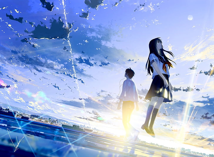 anime couple, crying, tears, sky, scenic, school uniform, clouds