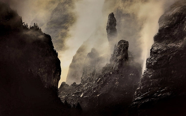 nature, landscape, mountains, mist, dark, forest, rock, rocks, HD wallpaper