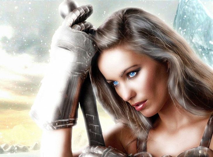 valkyrie digital wallpaper, Fantasy, Women, Gauntlet, Snow, Sword