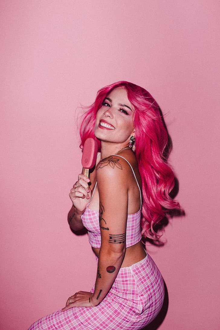 Halsey, women, pink hair, popsicle, HD wallpaper