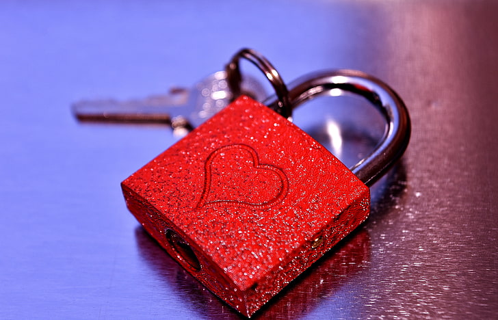 red heart engraved padlock, love, security, protection, safety, HD wallpaper
