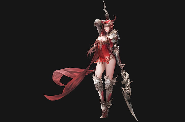 girl, weapons, horns, spear, pointy ears, league of angels