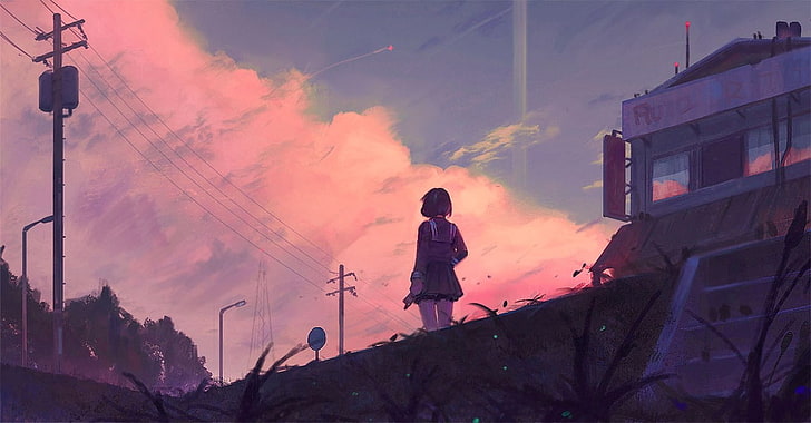 anime girls, sunset, sky, Guweys, artwork, painting, digital art