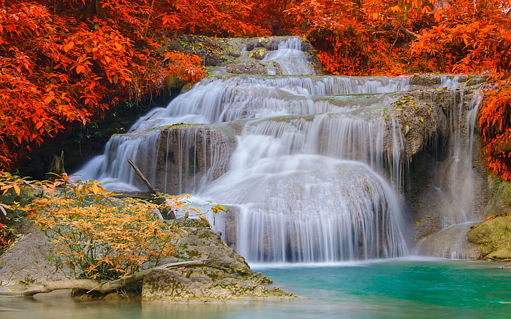 Waterfalls, autumn, trees, red leaves, HD wallpaper