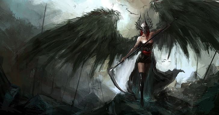 woman with black wings holding scythe digital wallpaper, fantasy art, HD wallpaper