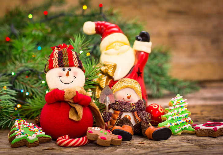 Merry Christmas, decoration, New Year, santa clause and snowman ceramic figurine, HD wallpaper