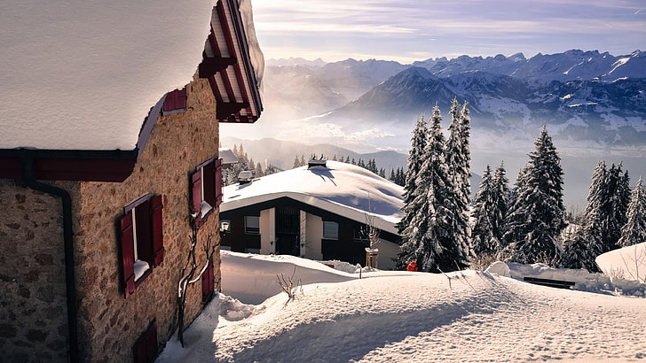 snow, winter, sky, mountainous landforms, mountain range, home, HD wallpaper