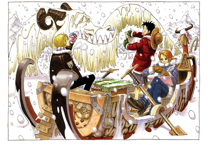 One Piece, Monkey D. Luffy, Nami, Sanji, snow, anime