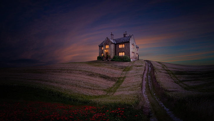 cottage, f, grass, hilltop, field, horizon, landscape, castle, HD wallpaper