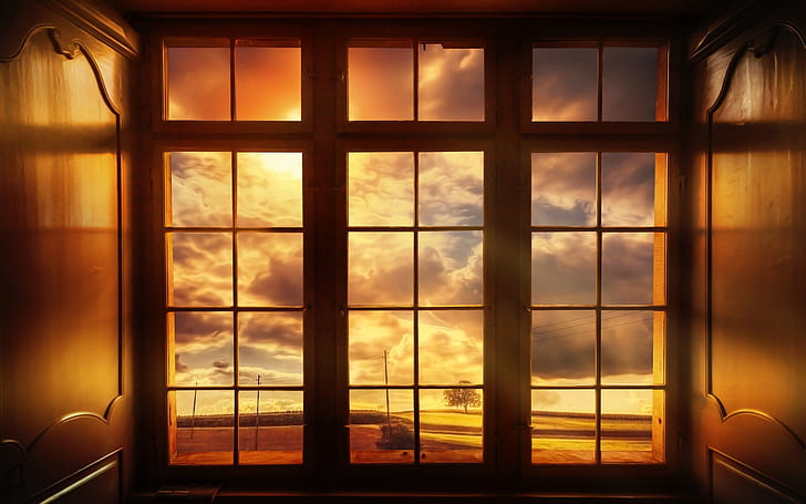 World outside the window, clouds, dusk