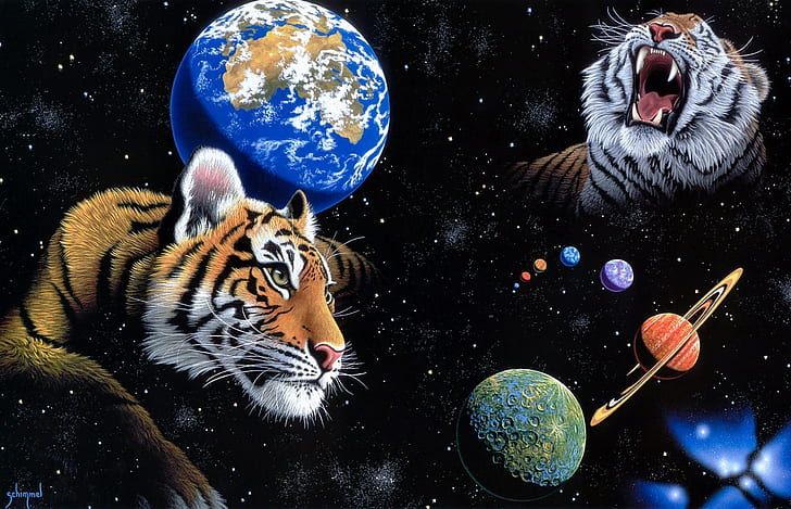 1920x1237 px animals art CG digital fi nebula planets psychedelic schimmel sci space stars Tigers un Anime Azumanga HD Art