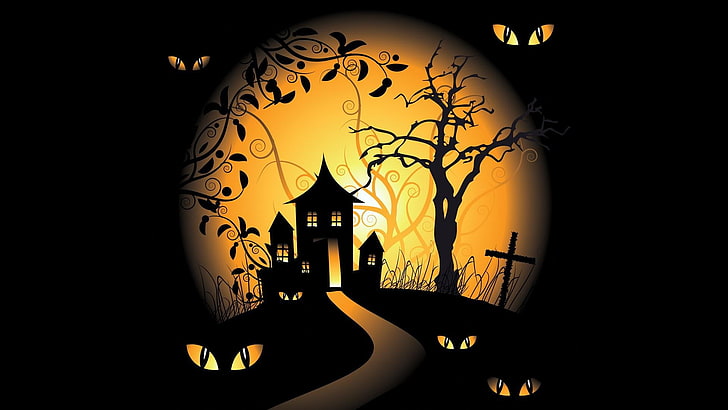 silhouette house and cross digital wallpaper, Halloween, vector art