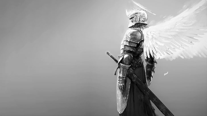 armored knight with angel wings and halo wallpaper, sword, monochrome