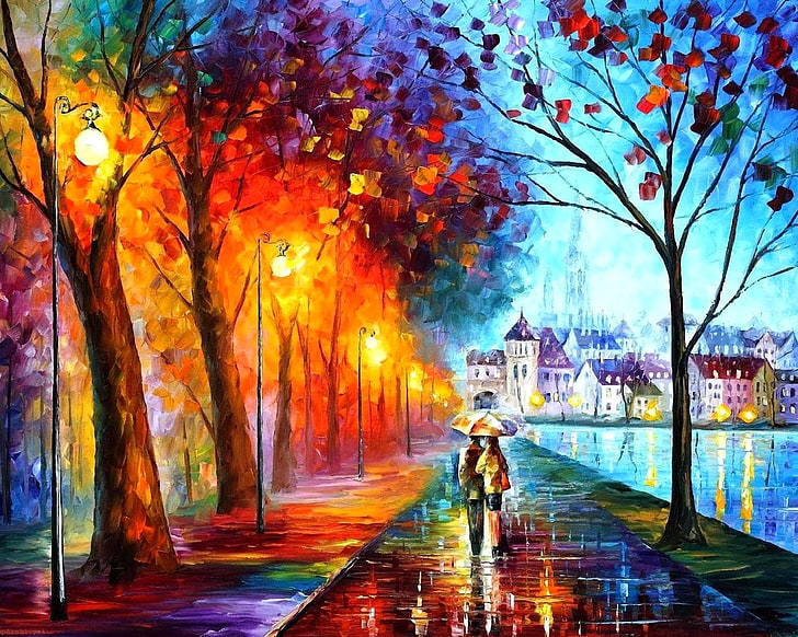 umbrella, couple, path, artwork, painting, fall, street light