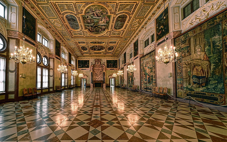 hallway and chandeliers, architecture, frescoes, Munich, palace