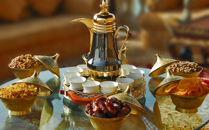 brass-colored 6-piece pitcher set, glass, table, cups, Iftar, HD wallpaper
