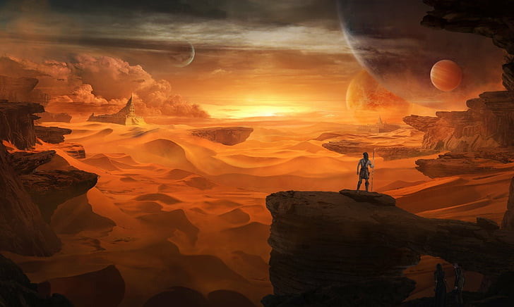 Sci Fi, Dune, Desert, Landscape, orange color, sunset, rock