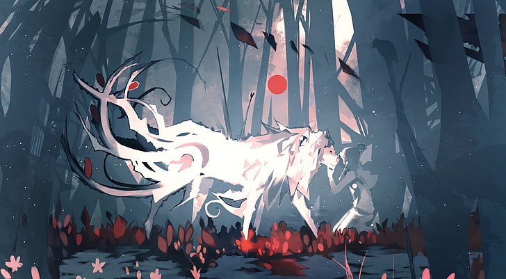 white animal painting, artwork, Nano Mortis, wolf, forest, fantasy art