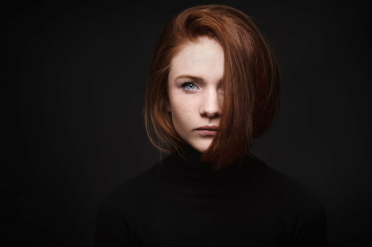 women, face, portrait, redhead, blue eyes, simple background, HD wallpaper