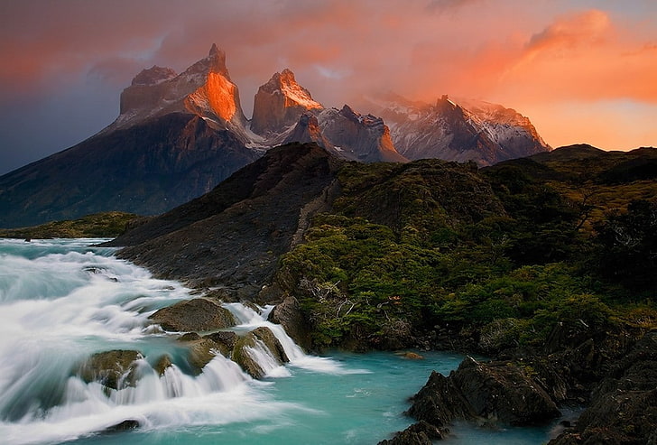 Chile, mountains, lake, waterfall, Torres del Paine, national park, HD wallpaper