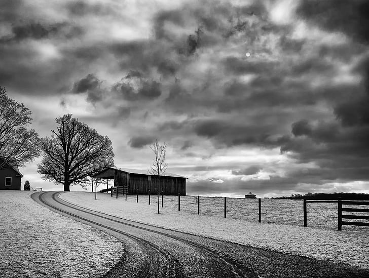 grayscale photo of storm approaching towards isolated house, Home, HD wallpaper