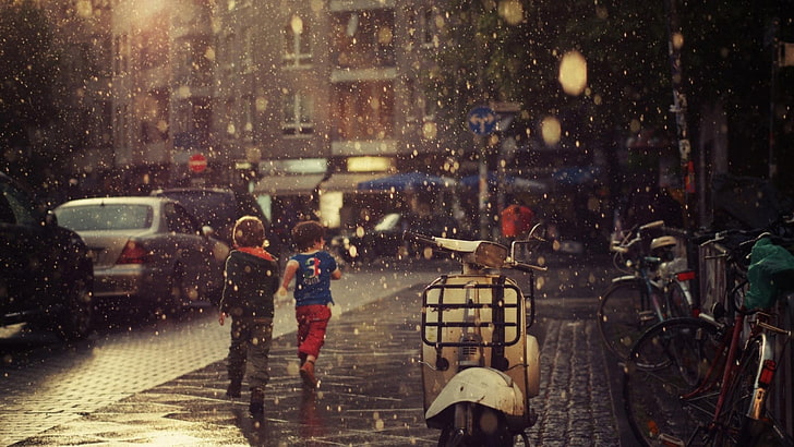 white motor scooter, rain, children, city, transportation, wet