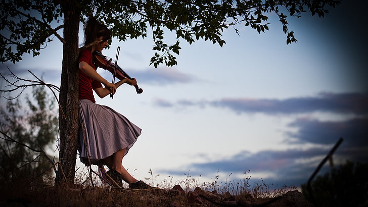 Lindsey Stirling, women, violin, musician, tree, one person