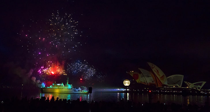 Sydney Opera House, night, warship, Australia, fireworks, illuminated
