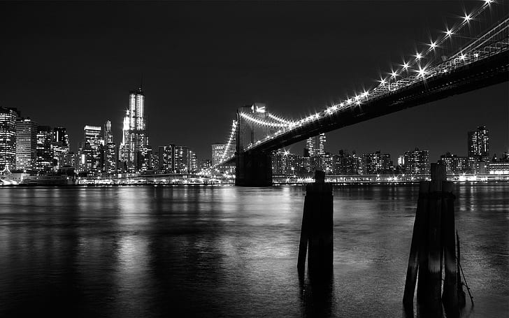 bridge, monochrome, New York City, night, Brooklyn Bridge, HD wallpaper