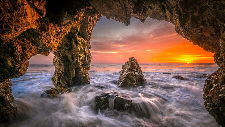 shore, natural arch, cave, orange sky, dawn, california, usa