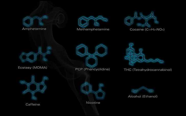 caffeine and nicotine molecules, black, formula, poison, abstract, HD wallpaper