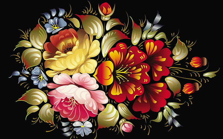 Asian Flowers, beige and red floral illustration, colourful, yellow