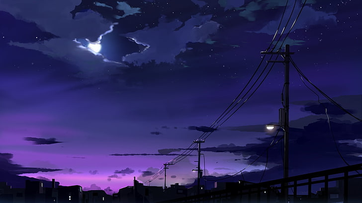 nighttime with moon and electric post illustration, digital art, HD wallpaper