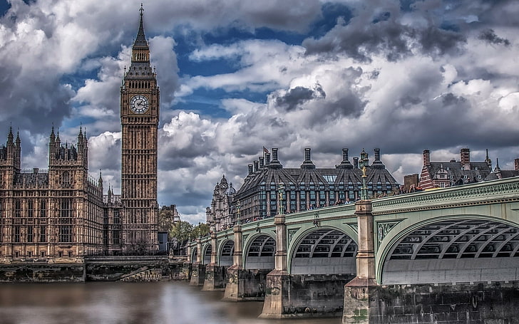 London, UK, city, bridge, River Thames, Big Ben, clouds, HDR
